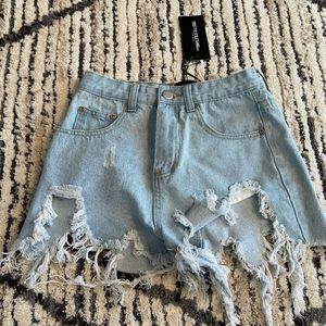 Light Blue Wash Ripped Denim Shorts
